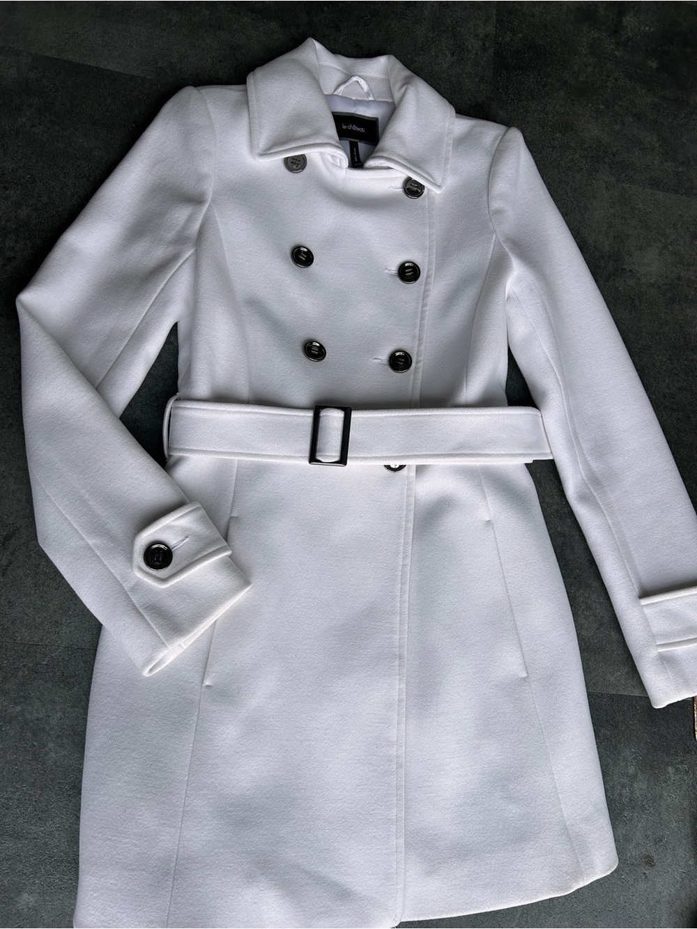 Le Château White Double-Breasted Belted Trench Coat (Wool)